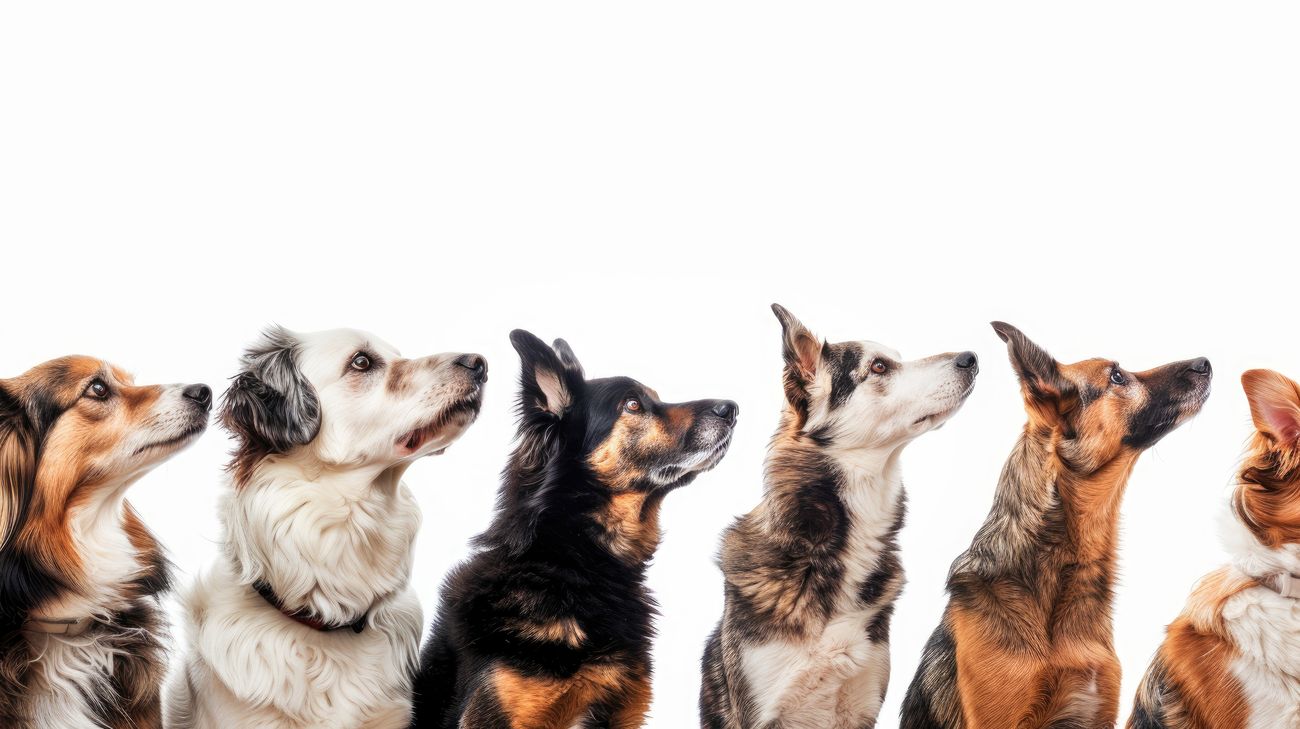 Row of dogs looking up attentively
