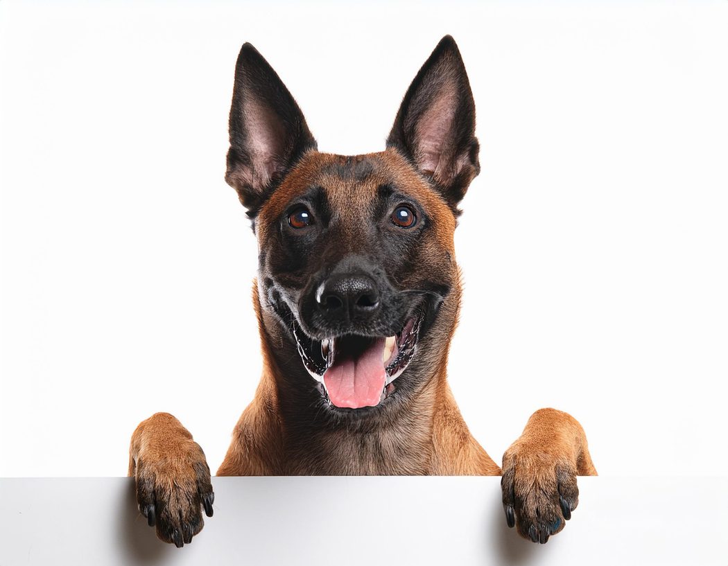 Ember the Belgian Malinois smiling with paws up
